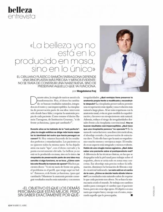 Entrevista al Dr. Ramón Tarragona publicada en la revista Marie Claire sobre rinoplastia y cirugía nasal.